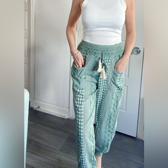 011 Boho Green Geo Print Stretch Waist Joggers - Picture 6 of 12